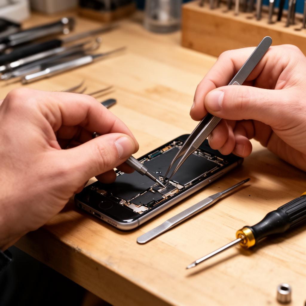 Réparation de smartphone en atelier à Nantes — mains et outils de précision