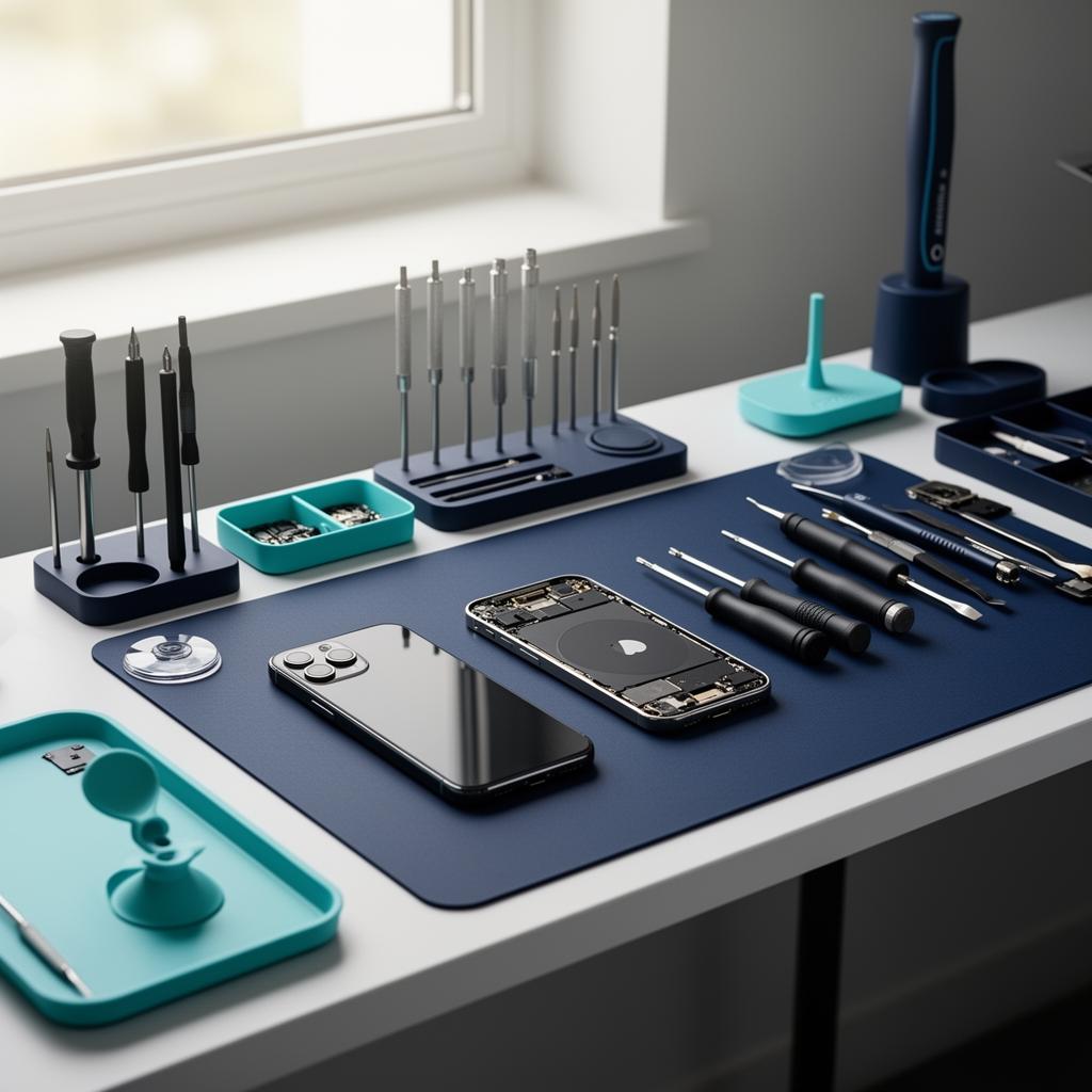 Établi de réparation smartphone à Nantes — outils organisés et iPhone démonté